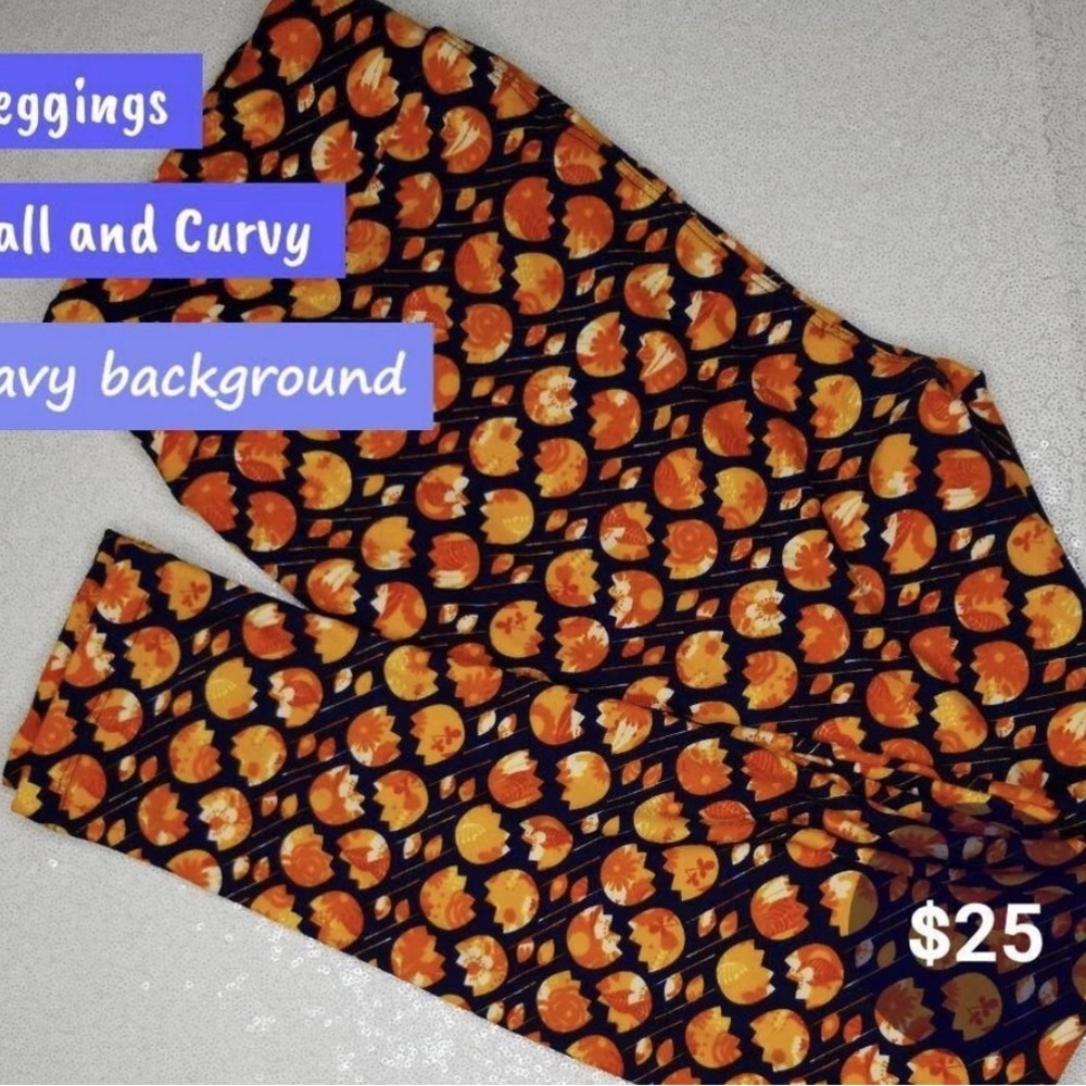 Lularoe butter Navy and Orange Floral Flower Tall and Curvy Leggings
